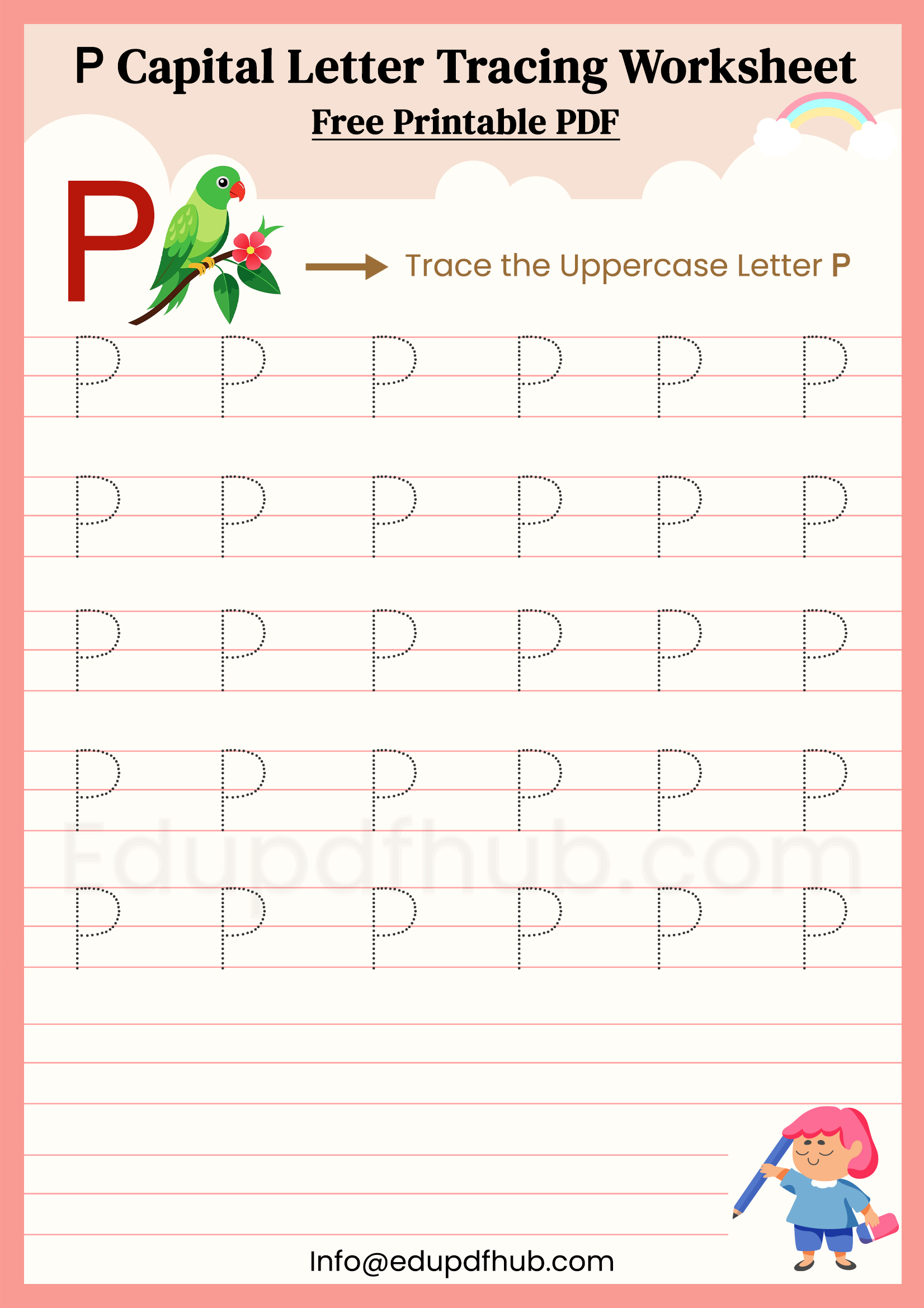 P Capital Letter Tracing Worksheet Printable PDF for Kids